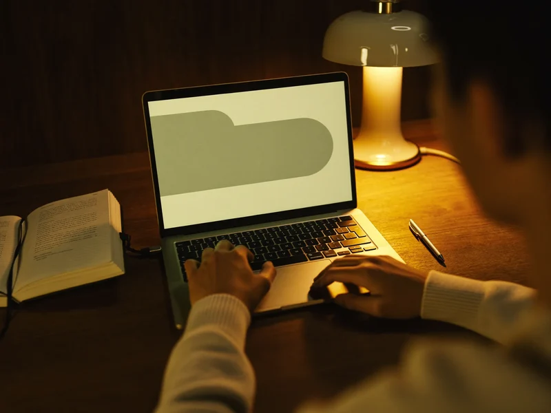 Illustration: Lernender bearbeitet am Laptop eine Datenübung, daneben Notizbuch und Stift