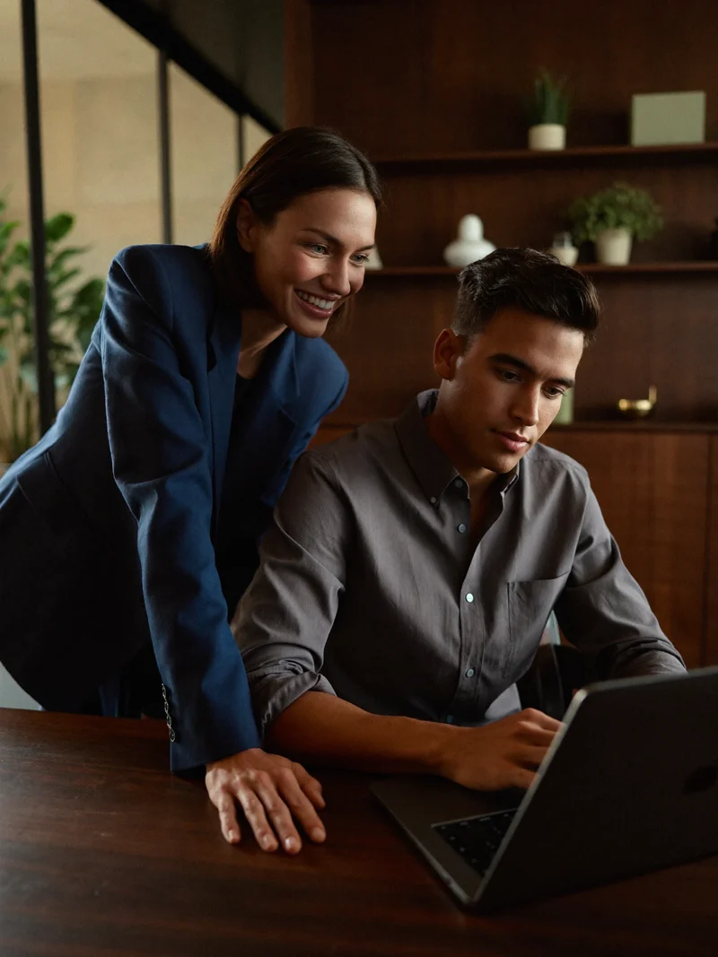 Illustration: Mentor begleitet eine lernende Person bei einem Arbeitsfall am Laptop