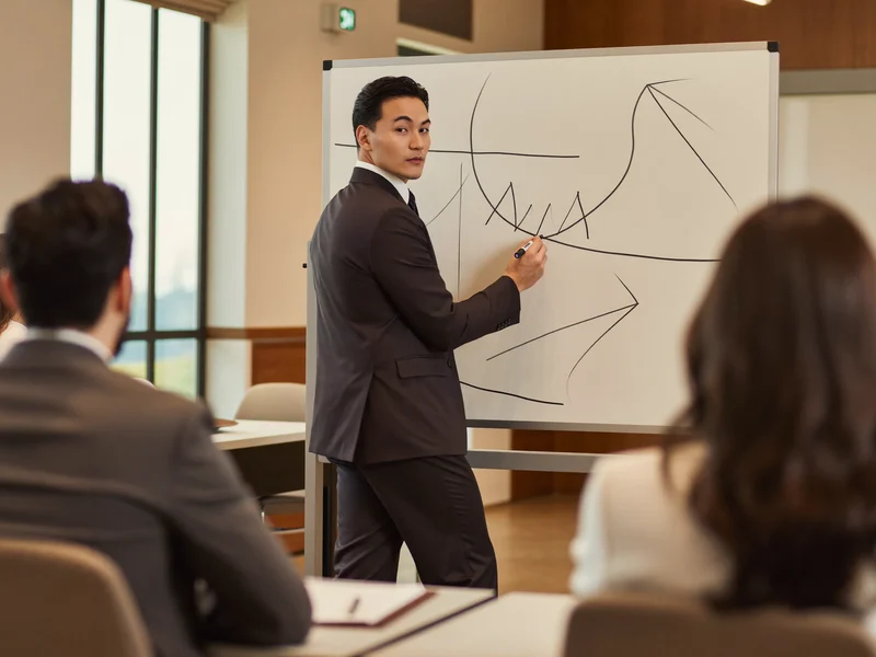 Illustration: Kursleitung zeichnet abstrakte Formen an ein leeres Whiteboard vor Lernenden